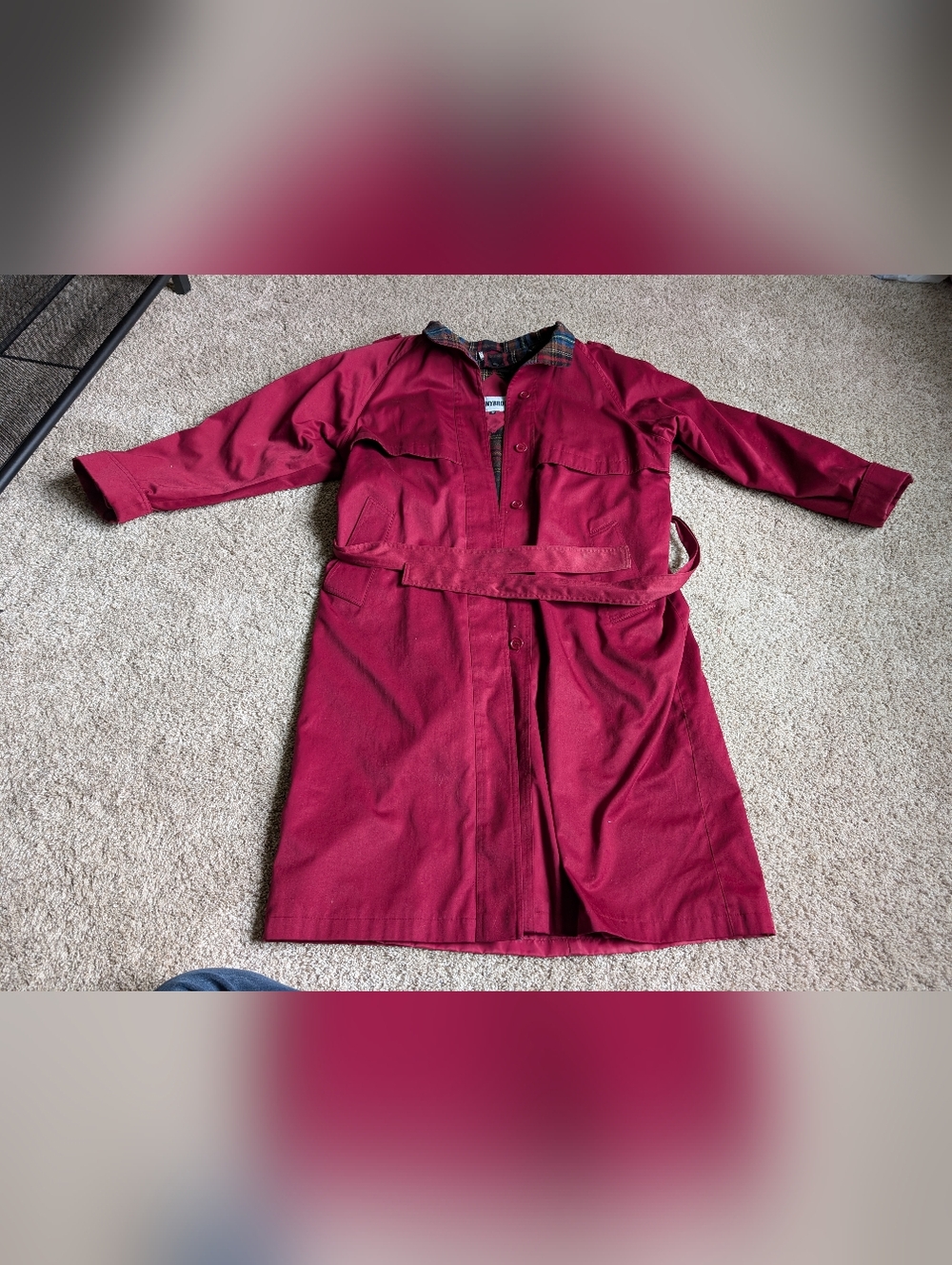 Vintage Donnybrook Trench Coat 12 Plaid Wool Blanket Lined Red Belted Womens